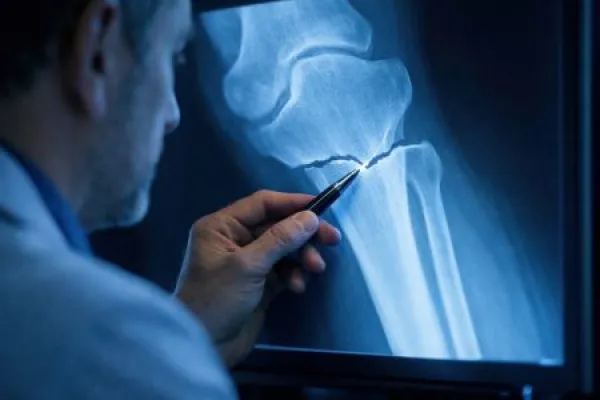 A doctor points to a bone fracture on a digital X-ray scan.
