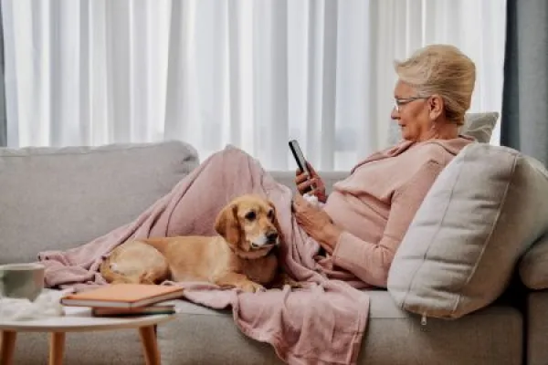 Sick elderly woman on sofa with her dog suffering from seasonal flu or cold and using phone or tablet for entertainment or online doctor consultation