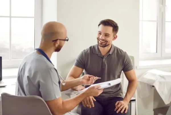 Portrait of a happy smiling young man patient in medical office listening to doctor holding report file with appointment