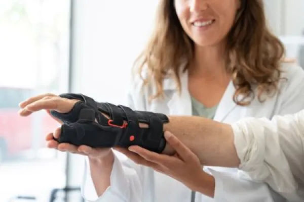 Senior man with trying on an orthopedic wrist brace