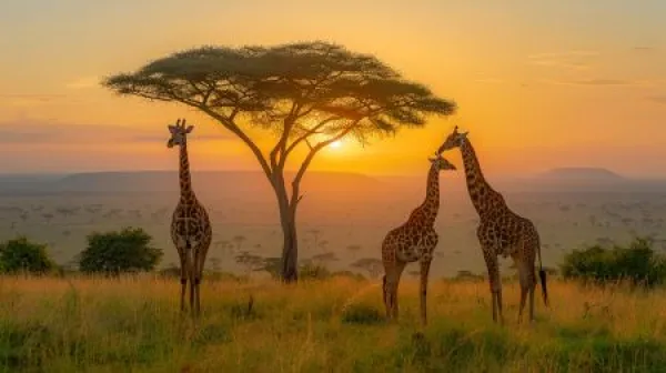 Tall beautiful giraffe walking in African savannah at sunset.