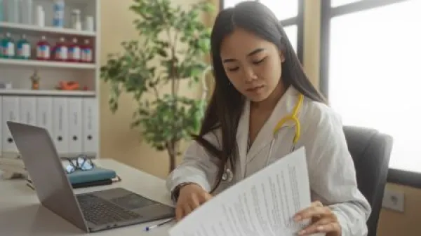 Young woman doctor with stethoscope working on a laptop in a clinic room filled with files and medical supplies.