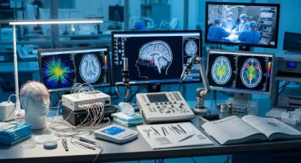 neuroscience lab with brain scans and eeg equipment
