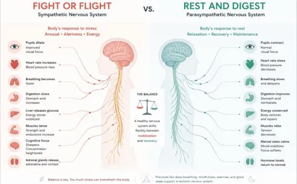 A diagram comparing the sympathetic nervous system (Fight or Flight) and the parasympathetic nervous system (Rest and Digest). 