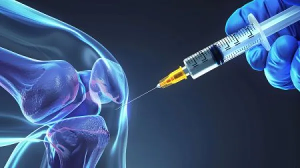 This 3D medical visualization depicts a knee joint injection
