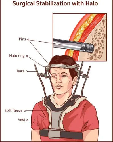 Lateral view of adult male in Halo vest traction