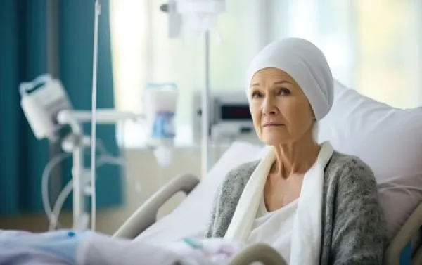 Downloaded Senior sad woman wearing headscarf, suffering from bone cancer sitting alone at a hospital