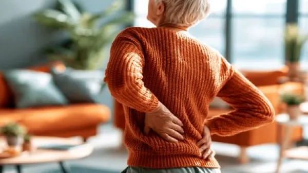 Elderly woman standing with painful back injury discomfort suffering healthcare