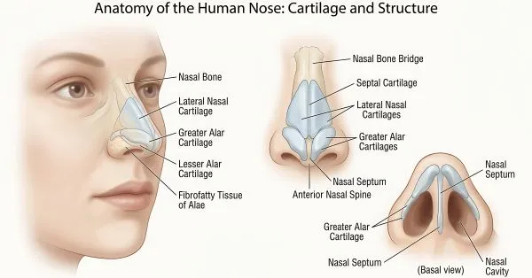 Human nose anatomy chart: cartilage and structure detailed 