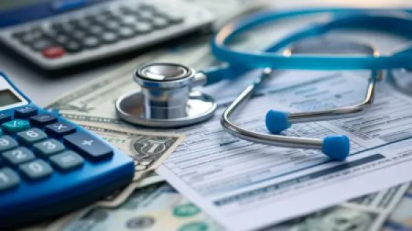 A close-up of medical expenses concept with a stethoscope, calculator, and US dollar bills on a medical billing statement