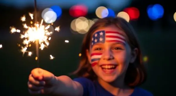 Happy child holding a glowing sparkler with American flag face paint