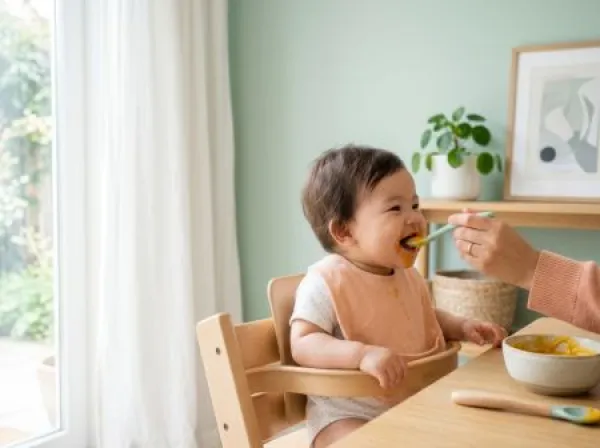 Happy baby being fed pureed food by a parent at a wooden high chair