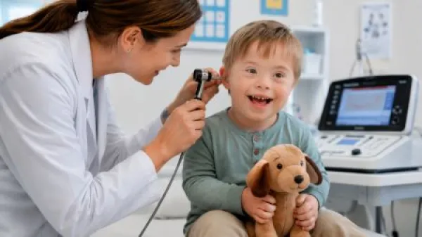 Pediatrician performing otoscopy with a child who has down syndrome holding a teddy bear in a clinic 