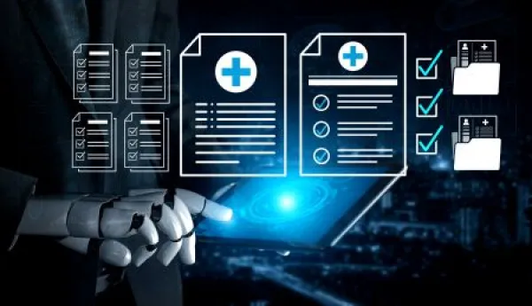 Digital Health Record Management with Robotic Assistance and Abstract Medical Documents on a Modern Background. 